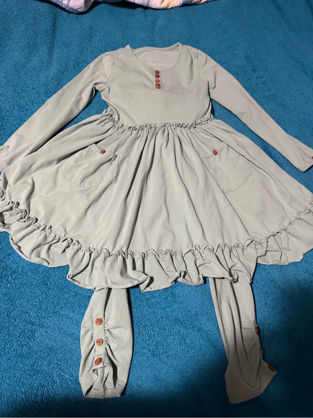Serendipity Shrimp Girls Long Sleeve Ruffle Pocket Dress - Sage Green new 7/8